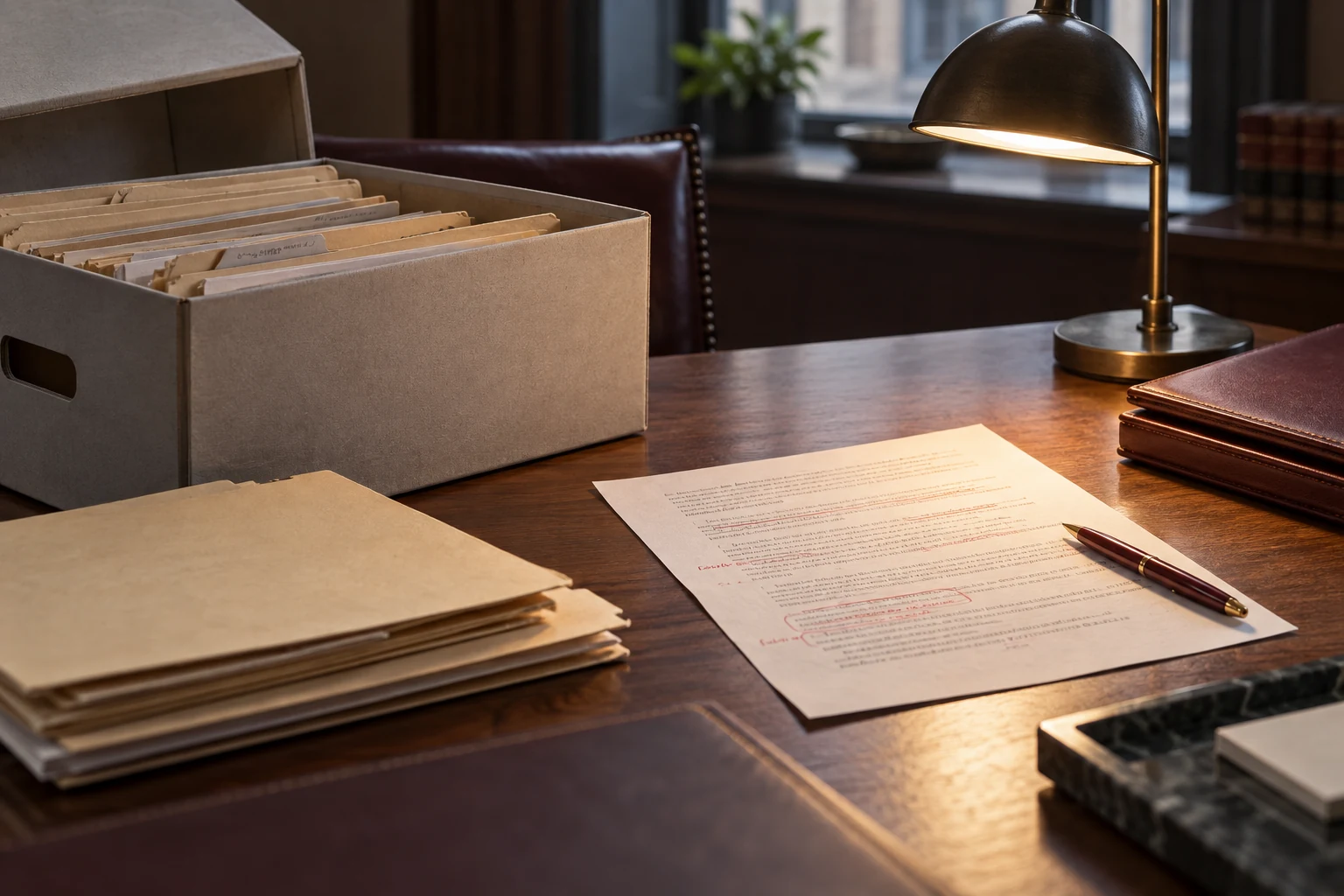 Case files arranged for review in a quiet legal workspace.
