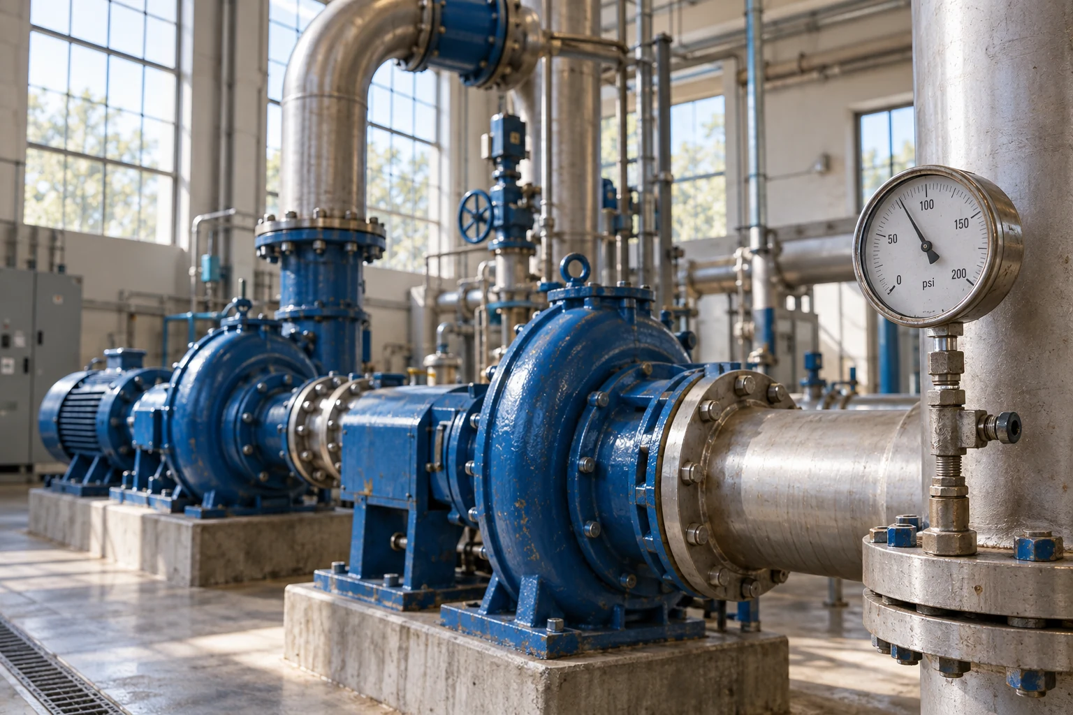Pumps, piping and a pressure gauge inside a municipal water facility.