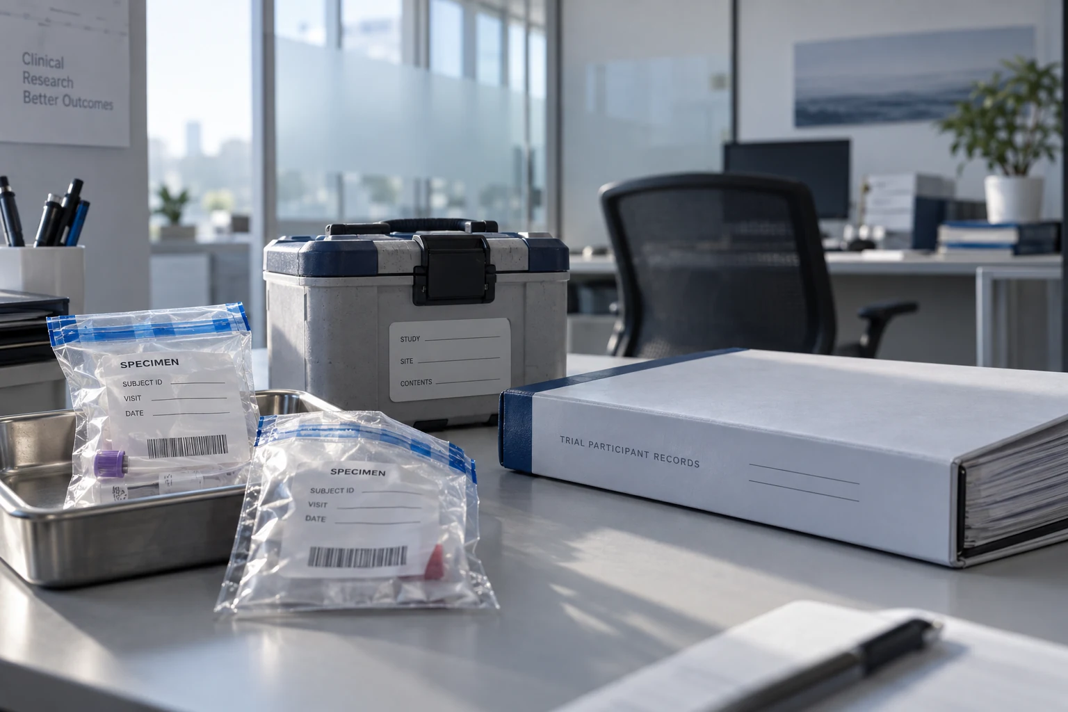A trial-record binder and specimen transport materials in a clinical research office.