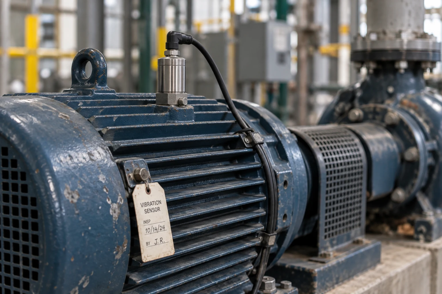 A vibration sensor mounted on an industrial motor.