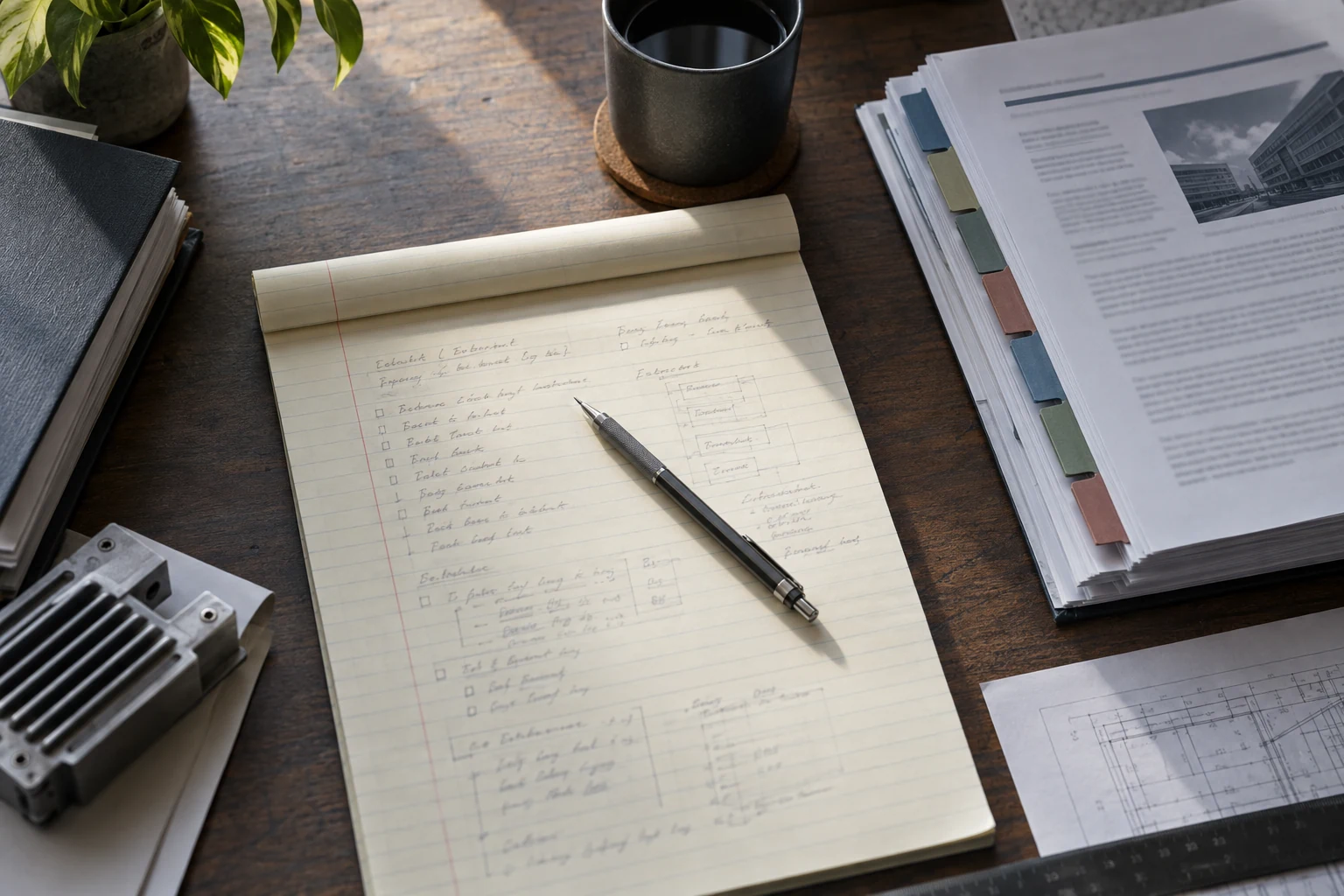Estimating notes and tabbed scope pages arranged for an engineering workshare.