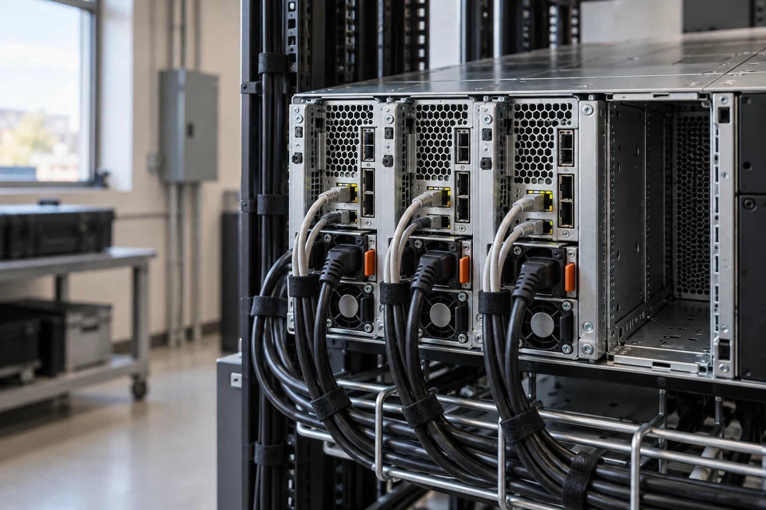 Compact compute modules with organized power and network connections.