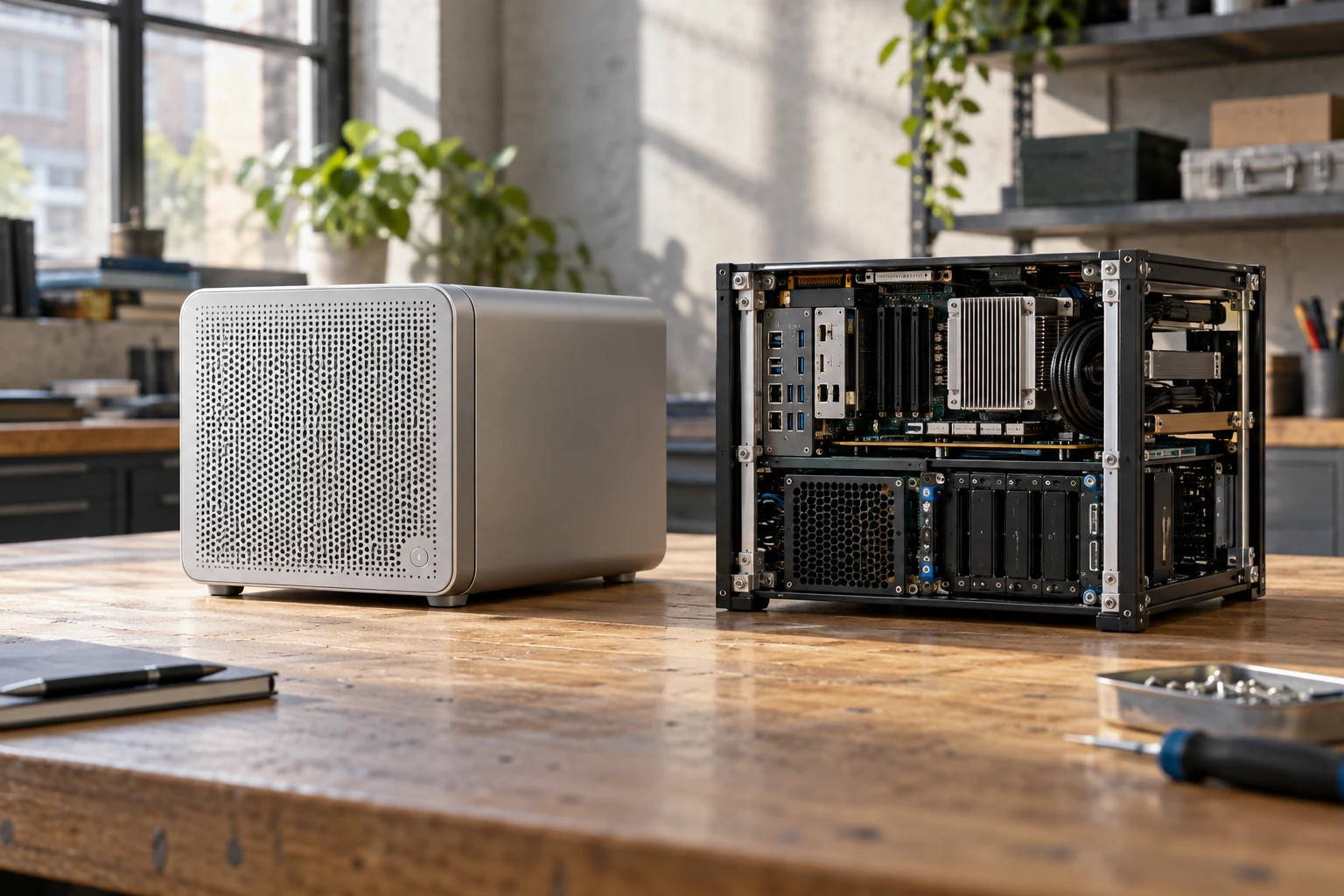 A sealed appliance and a configurable modular chassis side by side.