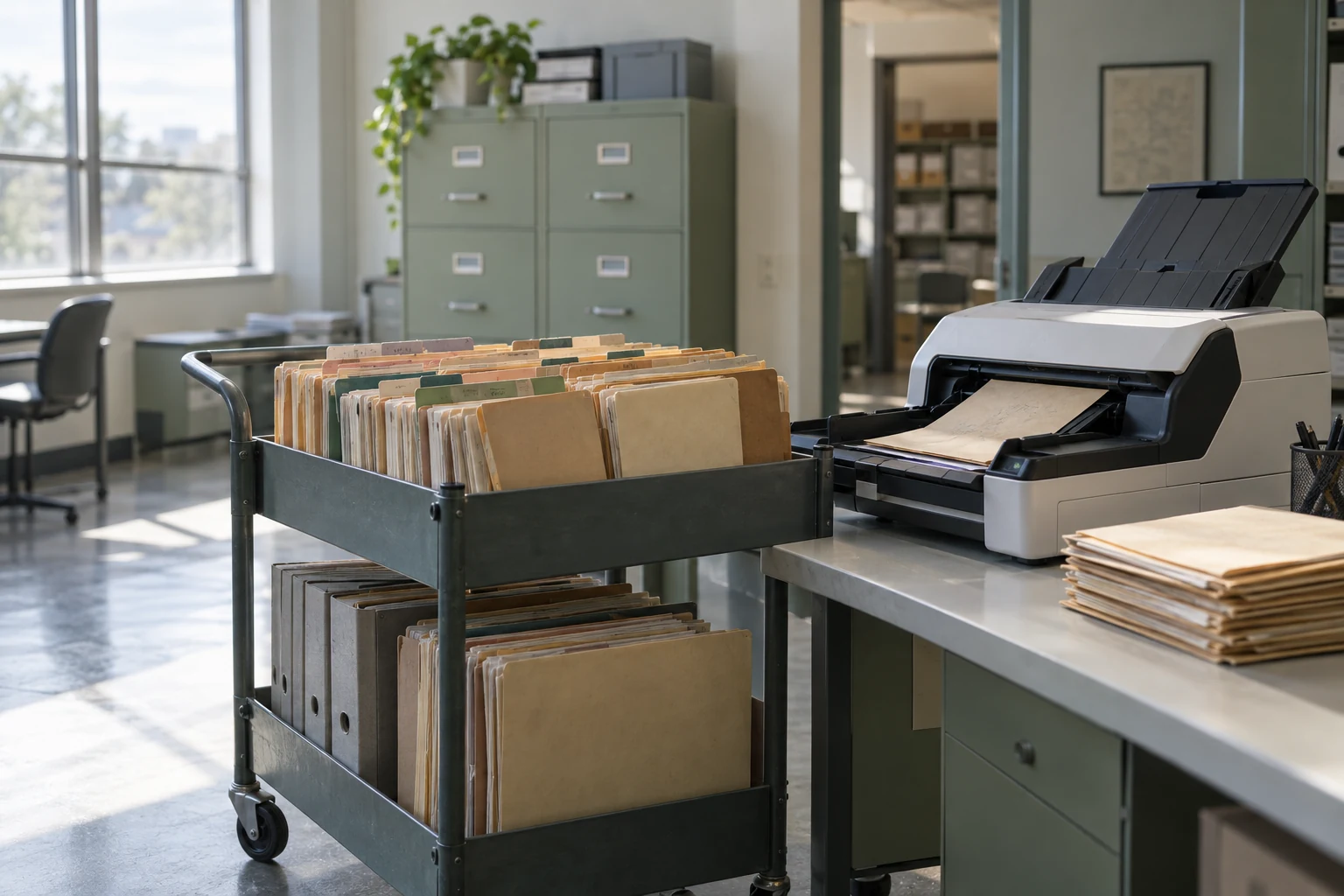 Agency records organized beside a working document scanner.