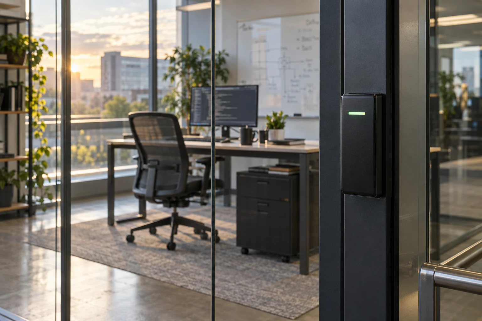 A badge-controlled engineering workspace behind a glass partition.