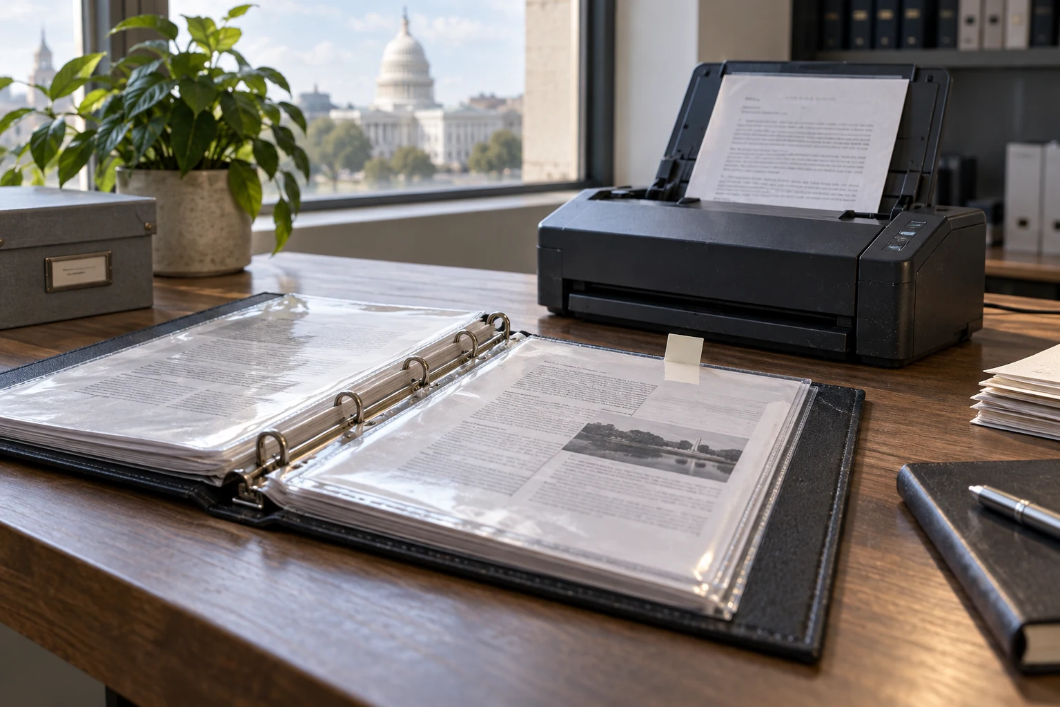 An evidence folio with source pages beside an archival scanner.