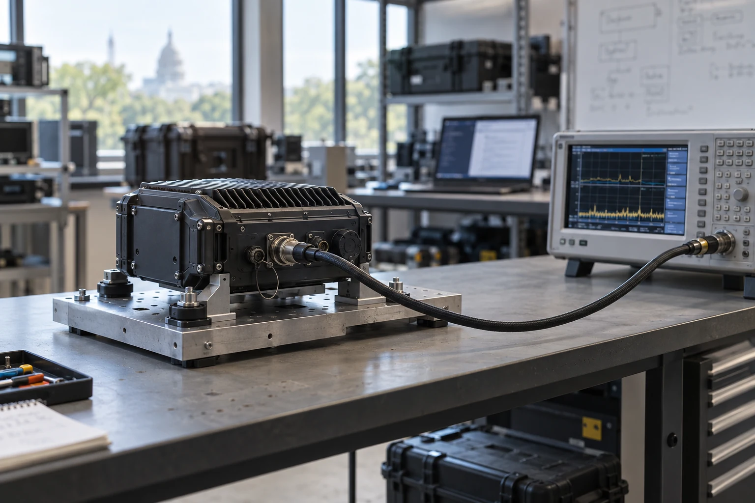 A rugged product connected to a reference instrument in an evaluation bay.