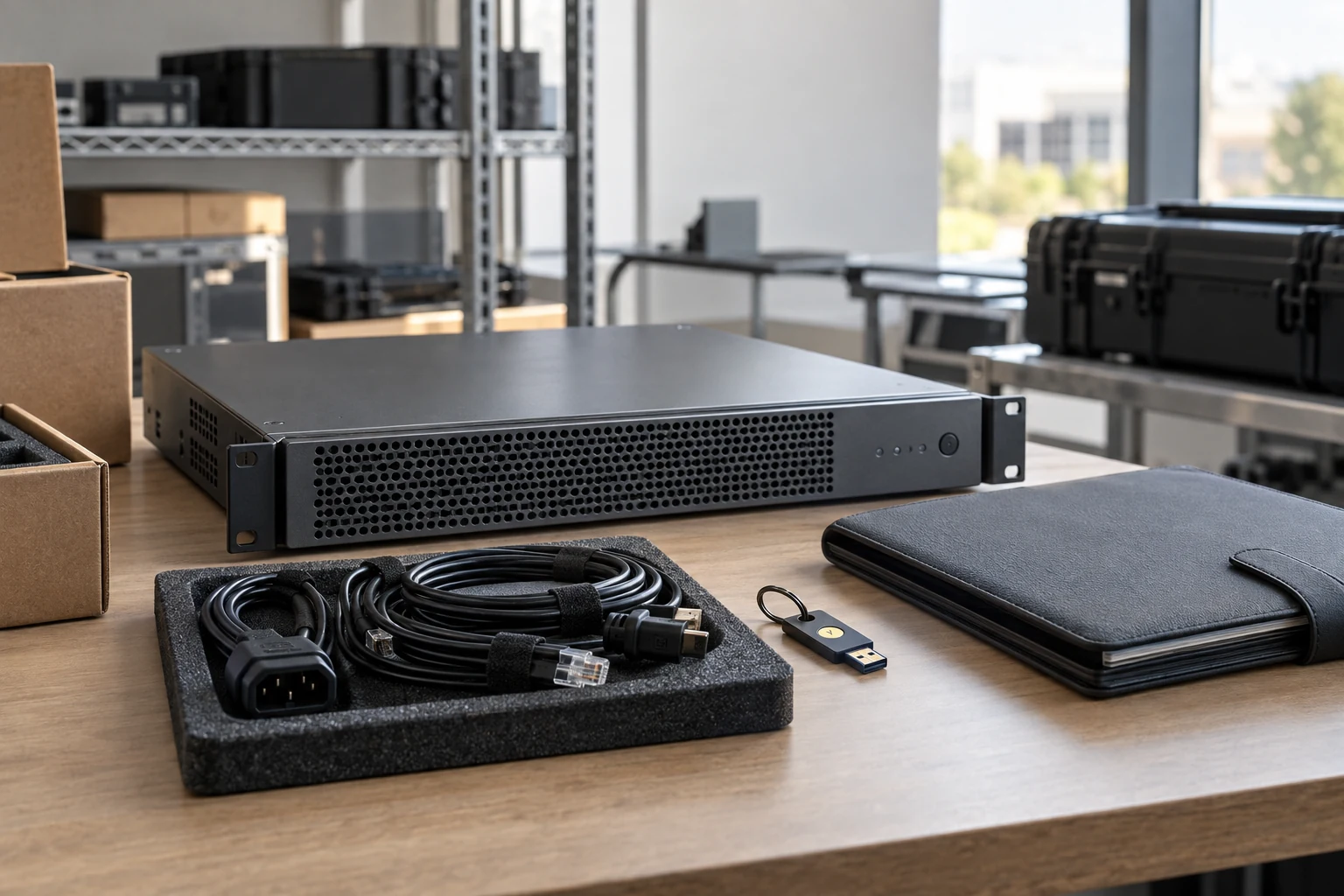An application appliance and installation materials prepared for deployment.