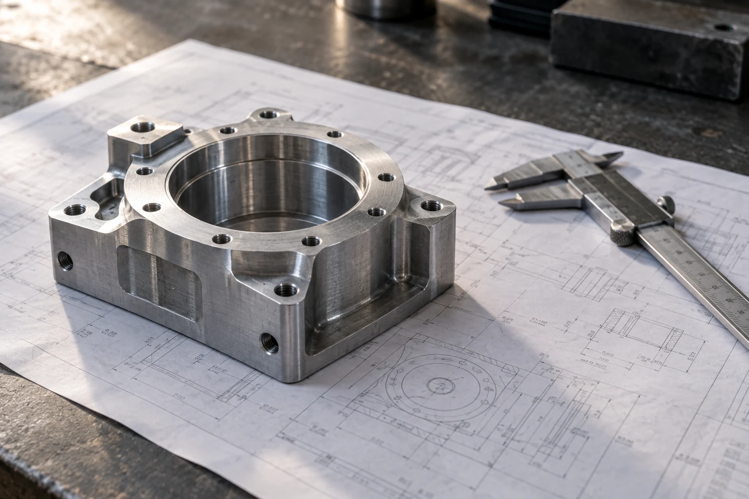 A finished component compared with its engineering drawing and an inspection caliper.