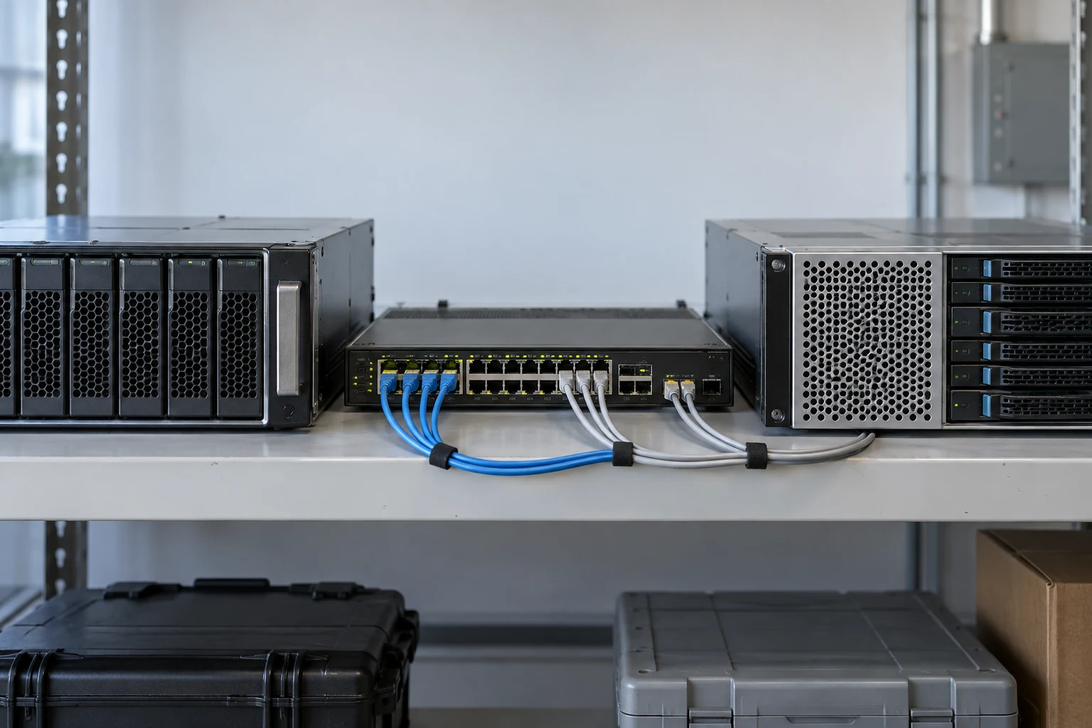 Two different real data-storage appliances connected to a single ordinary network switch on a pale laboratory shelf.