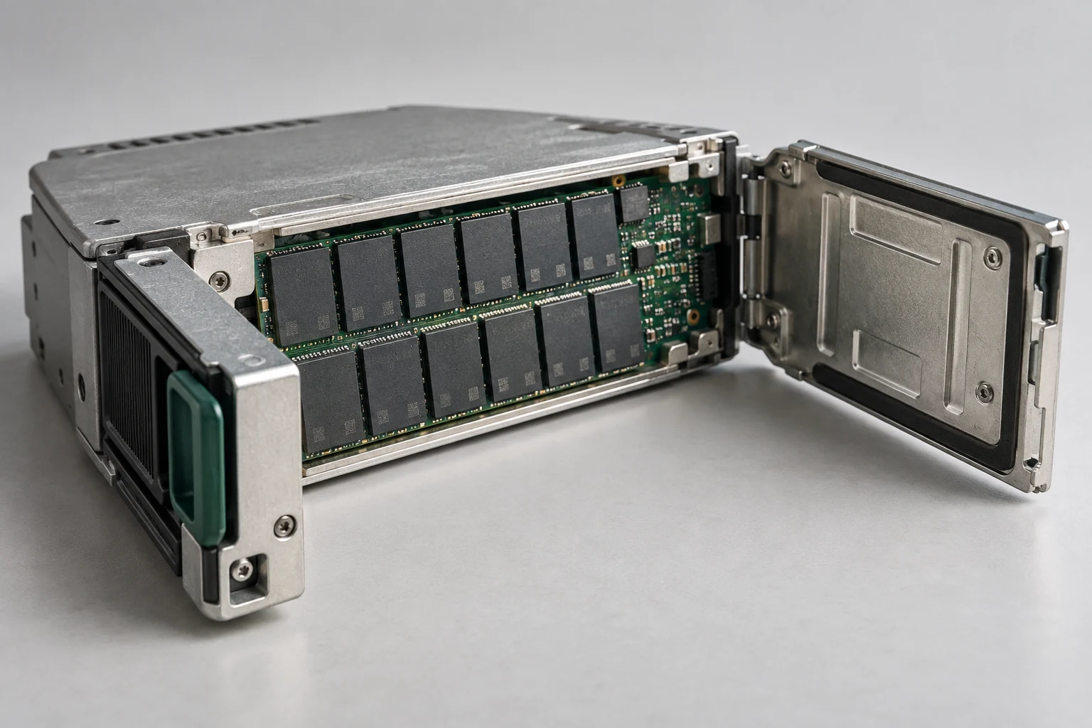 Macro photograph of a removable enterprise storage cartridge with its densely packed flash modules visible through an open service cover.