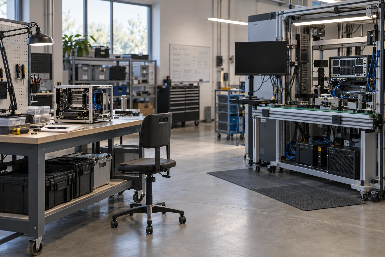 An empty mentor-protege integration bay with a compact prototype fixture alongside a larger production test station.