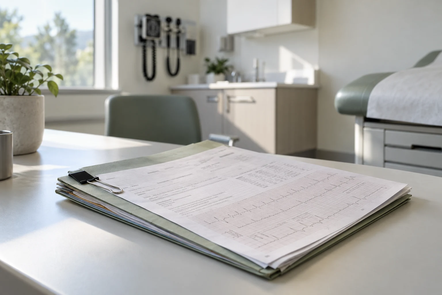 A clinical note folio and an original diagnostic printout held together by a plain document clip in an empty consultation room.