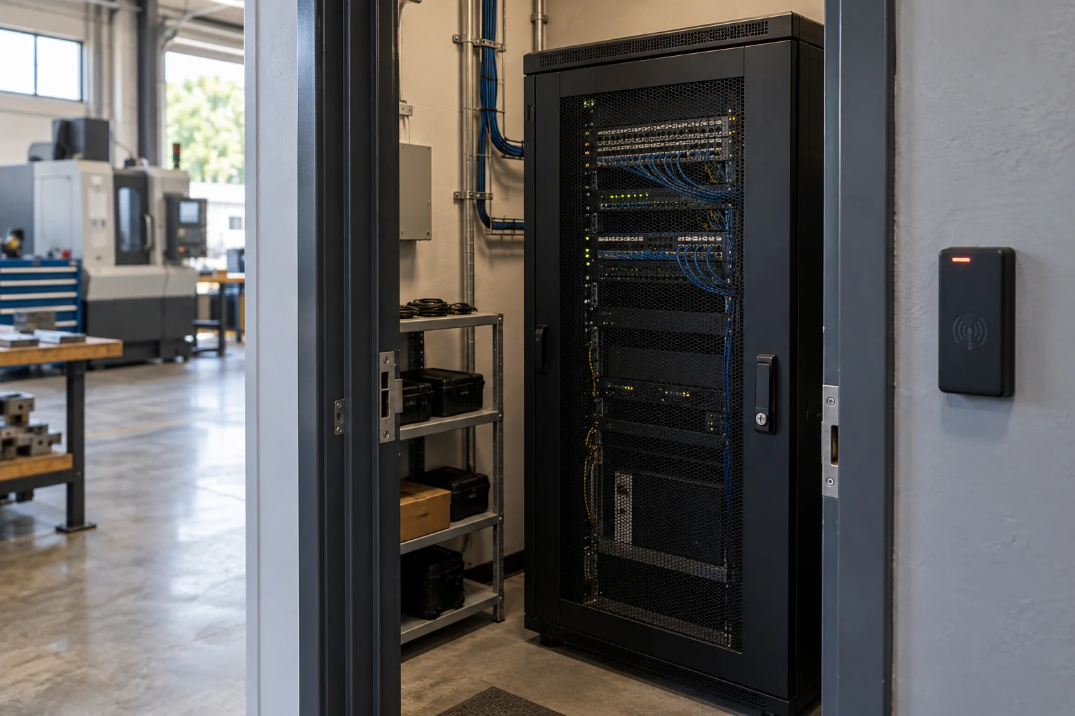 A small subcontractor's tidy secure IT closet, one lockable network cabinet and a simple badge reader.