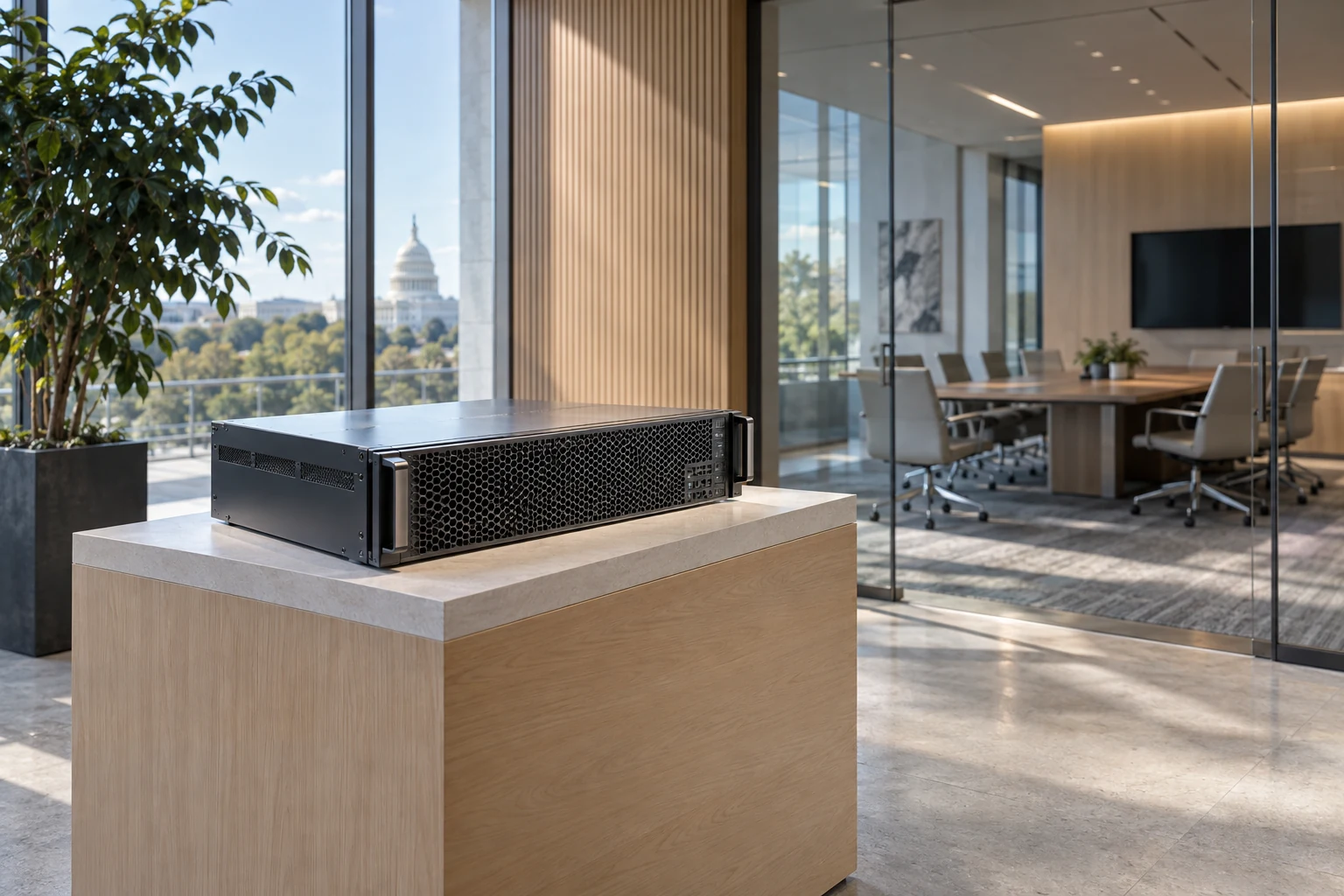 An enterprise technology demonstration room adjoining a modern conference space, a compact customer deployment appliance ready on a presentation plinth.