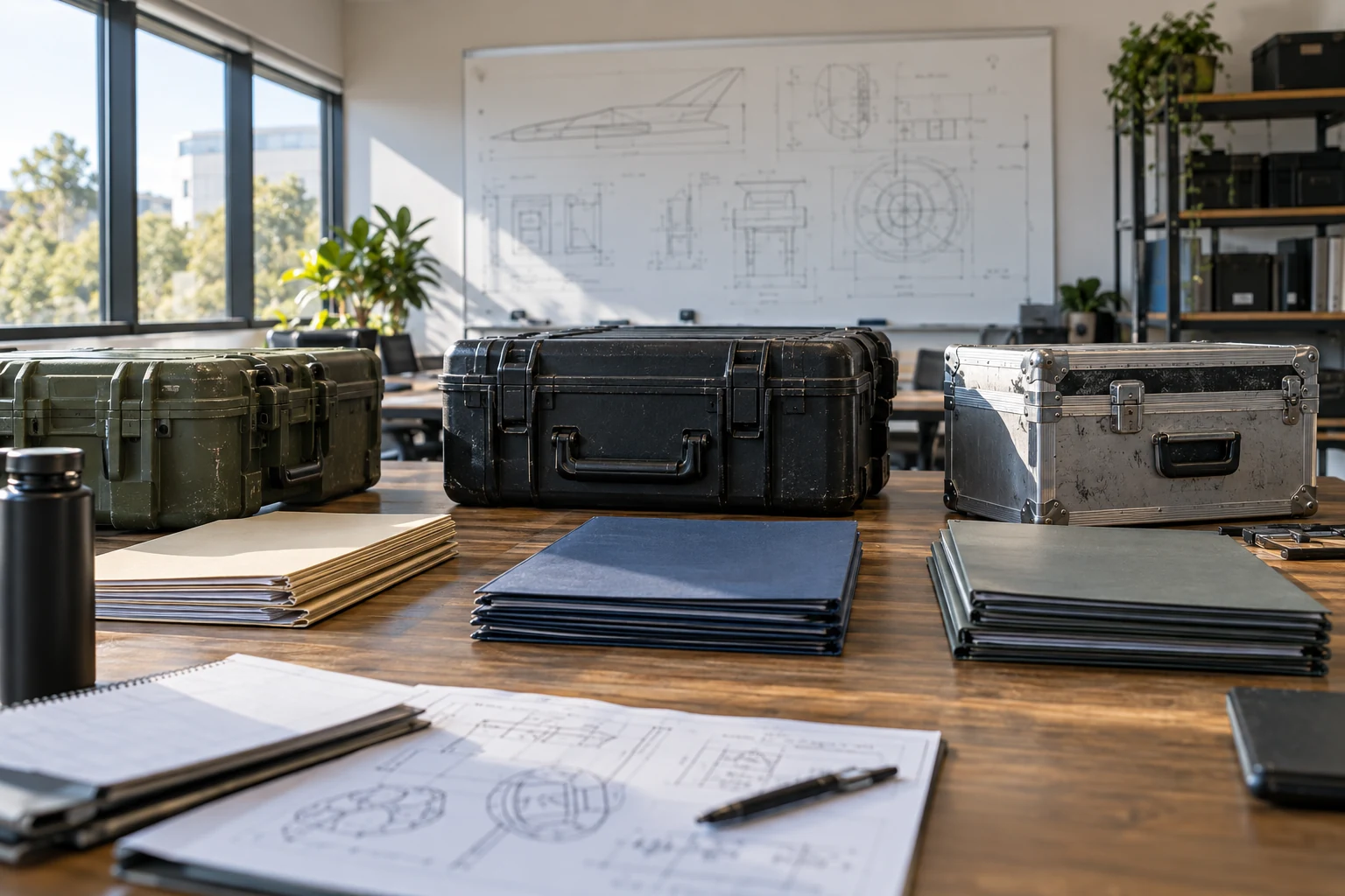 An organized shared engineering project room with three different product transport cases and neatly separated technical folders.