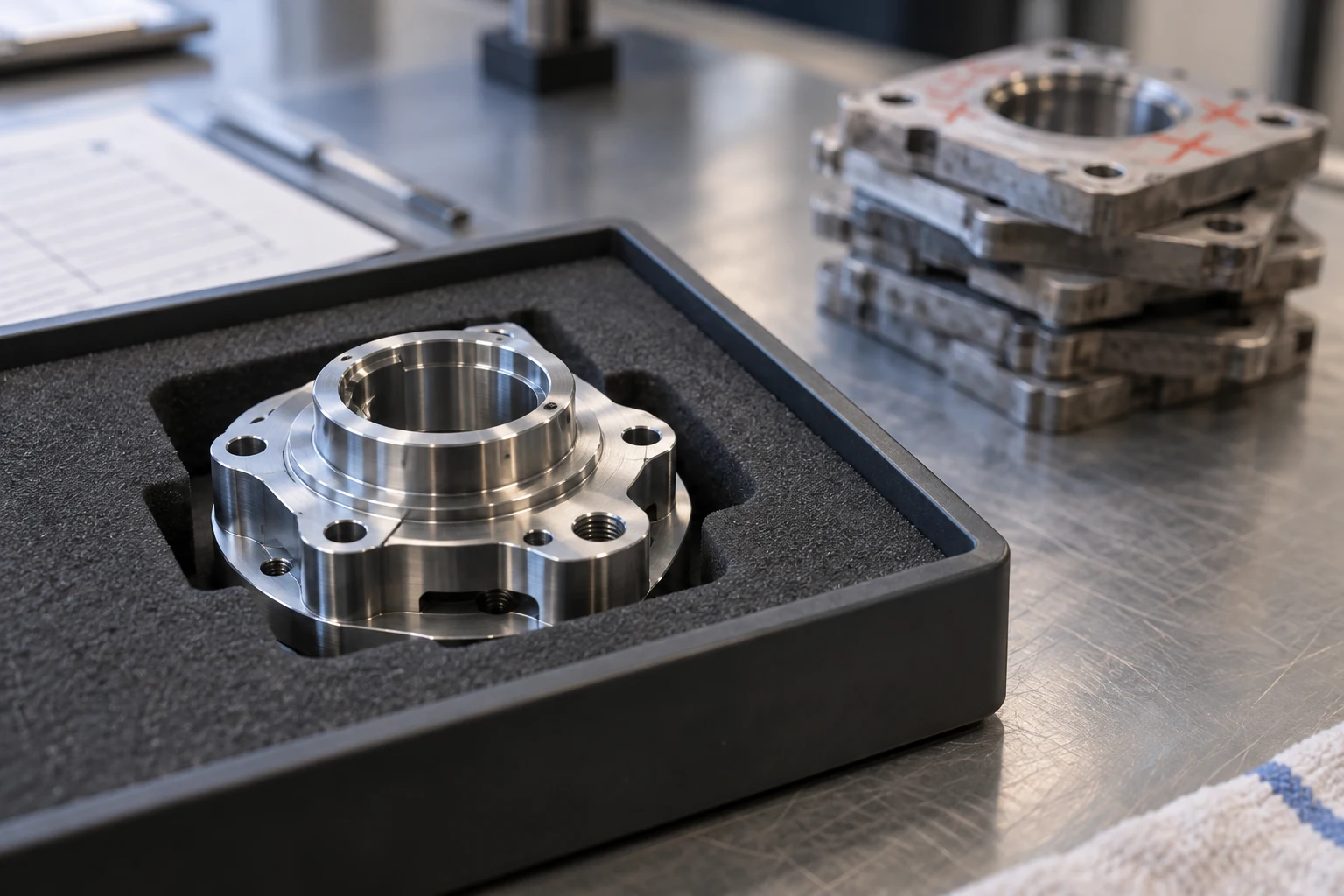 One successfully inspected precision part in a clean fitted tray, with a small restrained stack of rejected test coupons out of focus behind it.