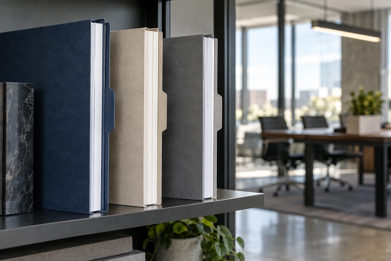 Three separate blank-tabbed proposal folios on a slate shelf with distinct but restrained paper textures, photographed side-on.