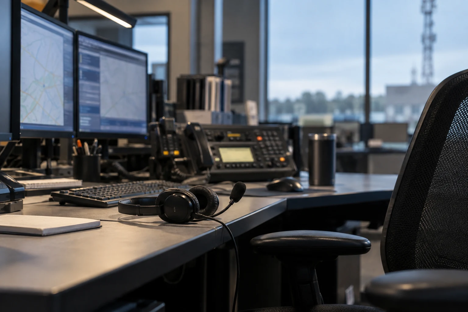 An empty municipal emergency communications workstation with a professional dispatch headset, radio console and physical network hardware.