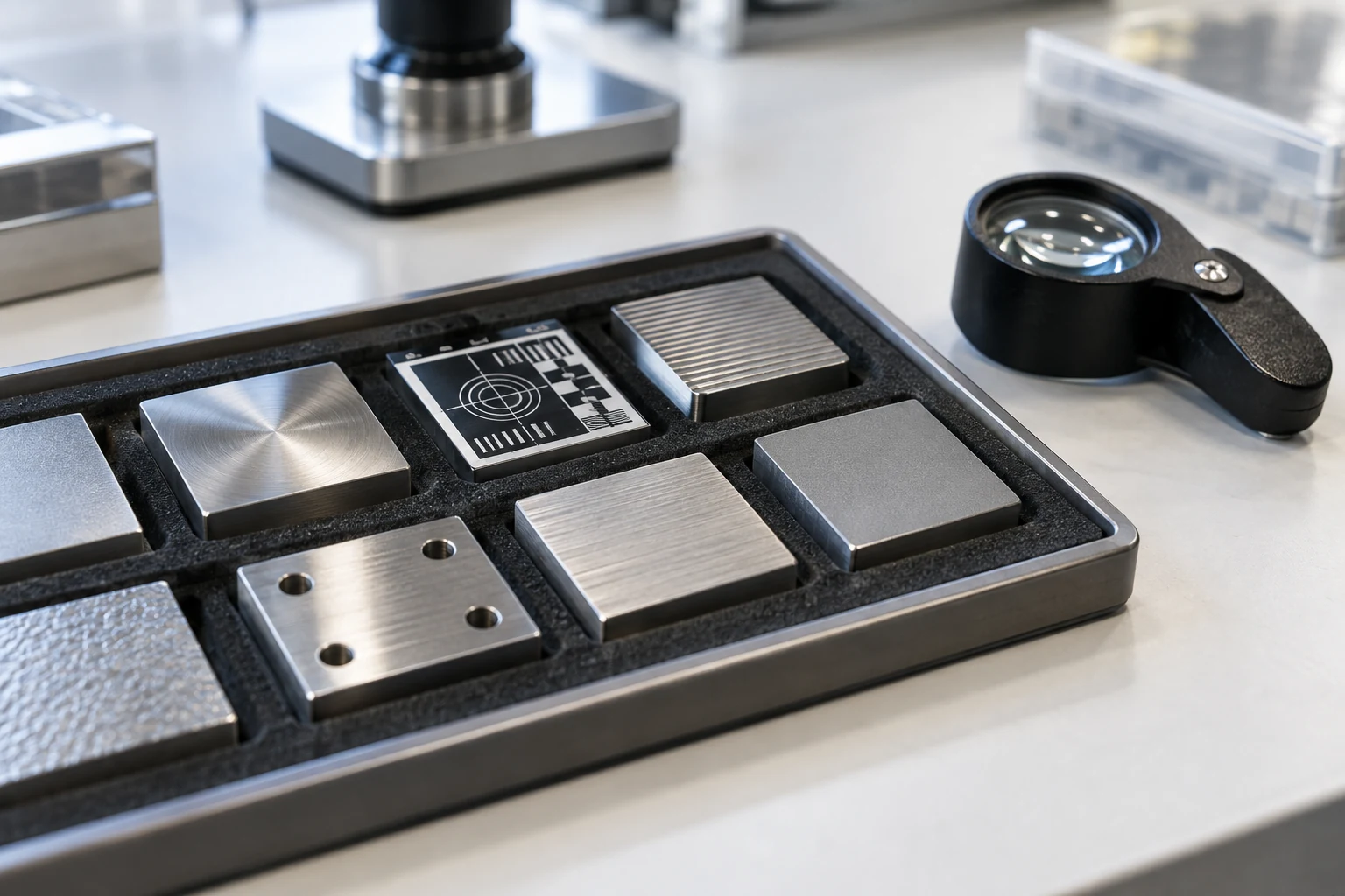 Close-up of an optical inspection sample tray containing several subtly different machined surfaces, with one calibration target and an ordinary loupe.