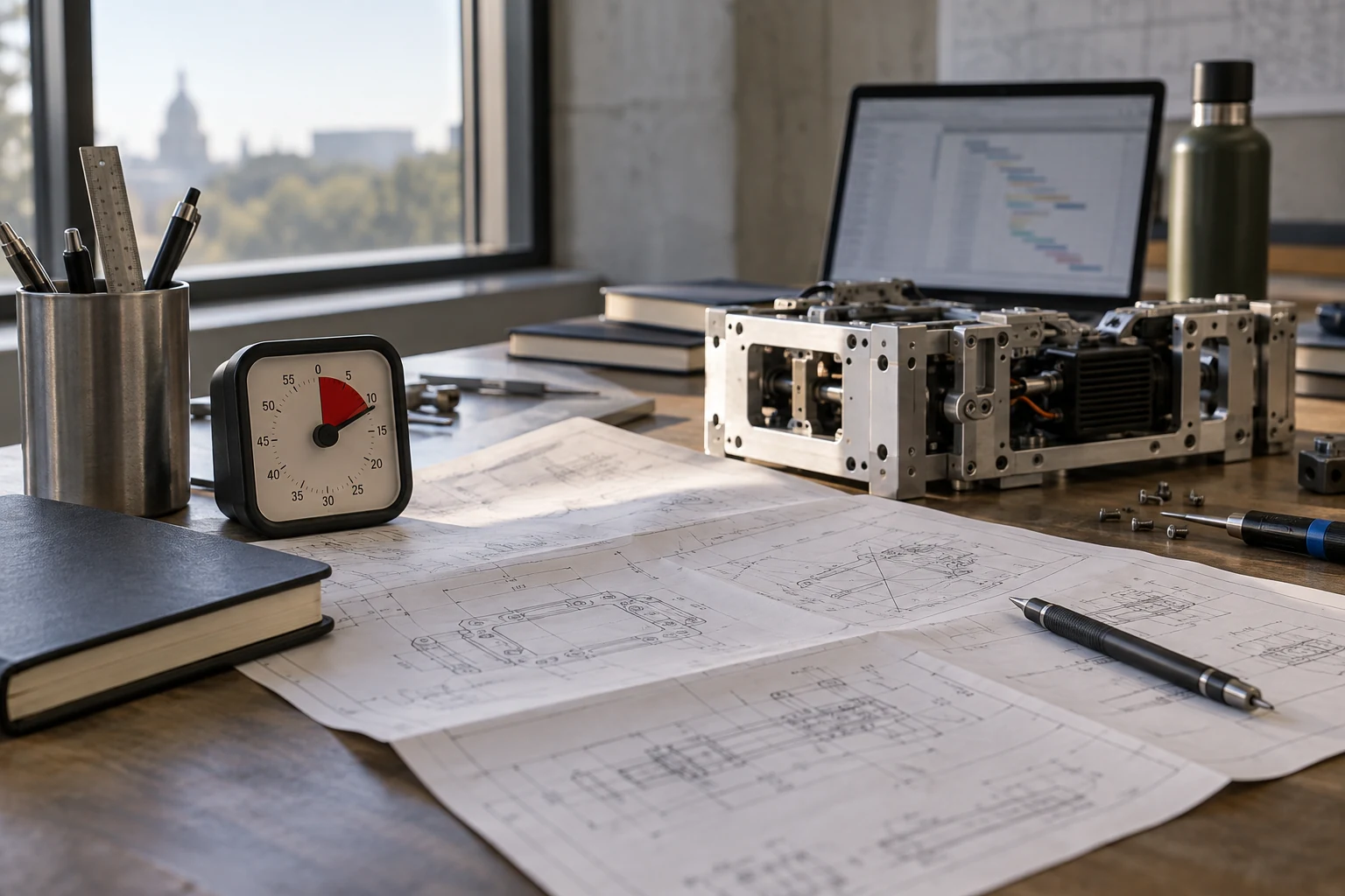 An engineering project-control workspace with a folded work-package drawing, a modest timing instrument and partially completed physical assembly.