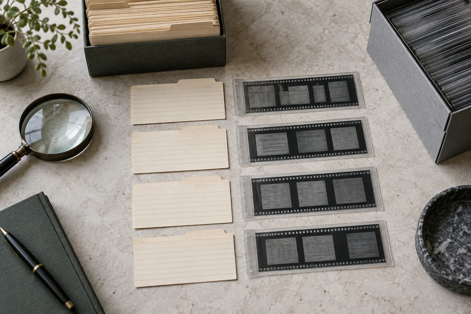 Overhead close-up of two independent archival index systems, one set of paper source cards and one set of microfilm sleeves, with a few carefully matched pairs physically aligned.