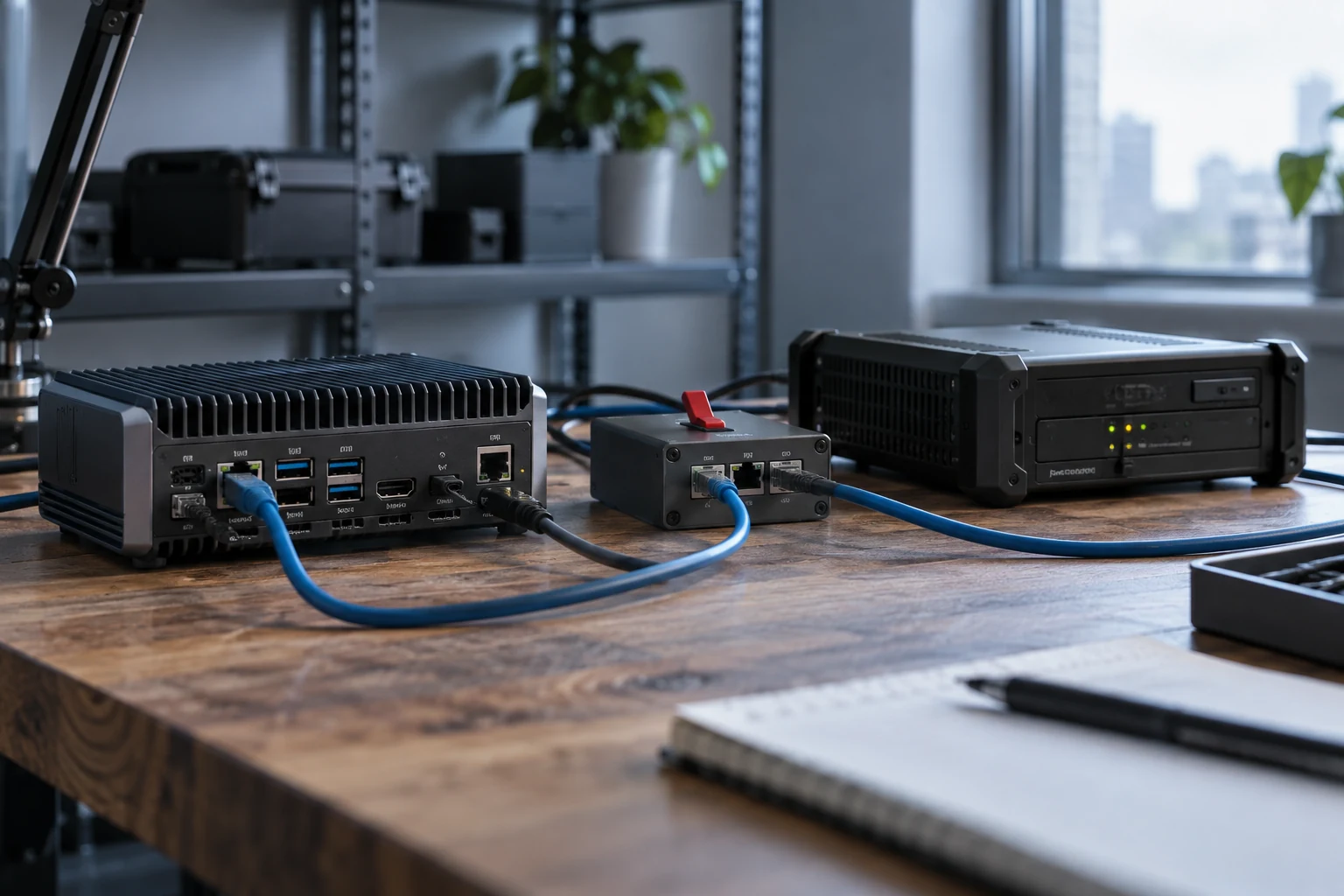 A compact software test station with an unbranded embedded computer, an ordinary network interruption switch and a data recorder.
