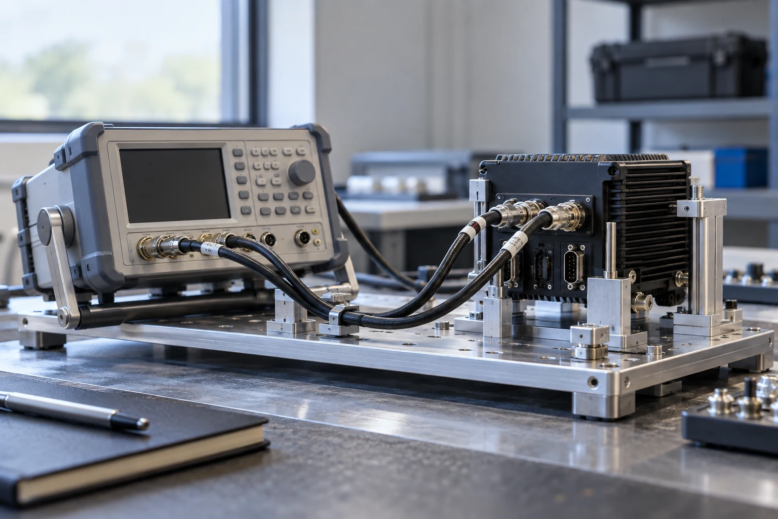 A calibrated reference instrument beside an inspected test unit, both secured on the same simple fixture.