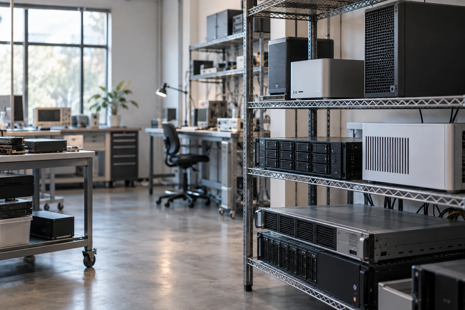 An empty production test laboratory with a small row of distinct practical compute units on open service shelves.