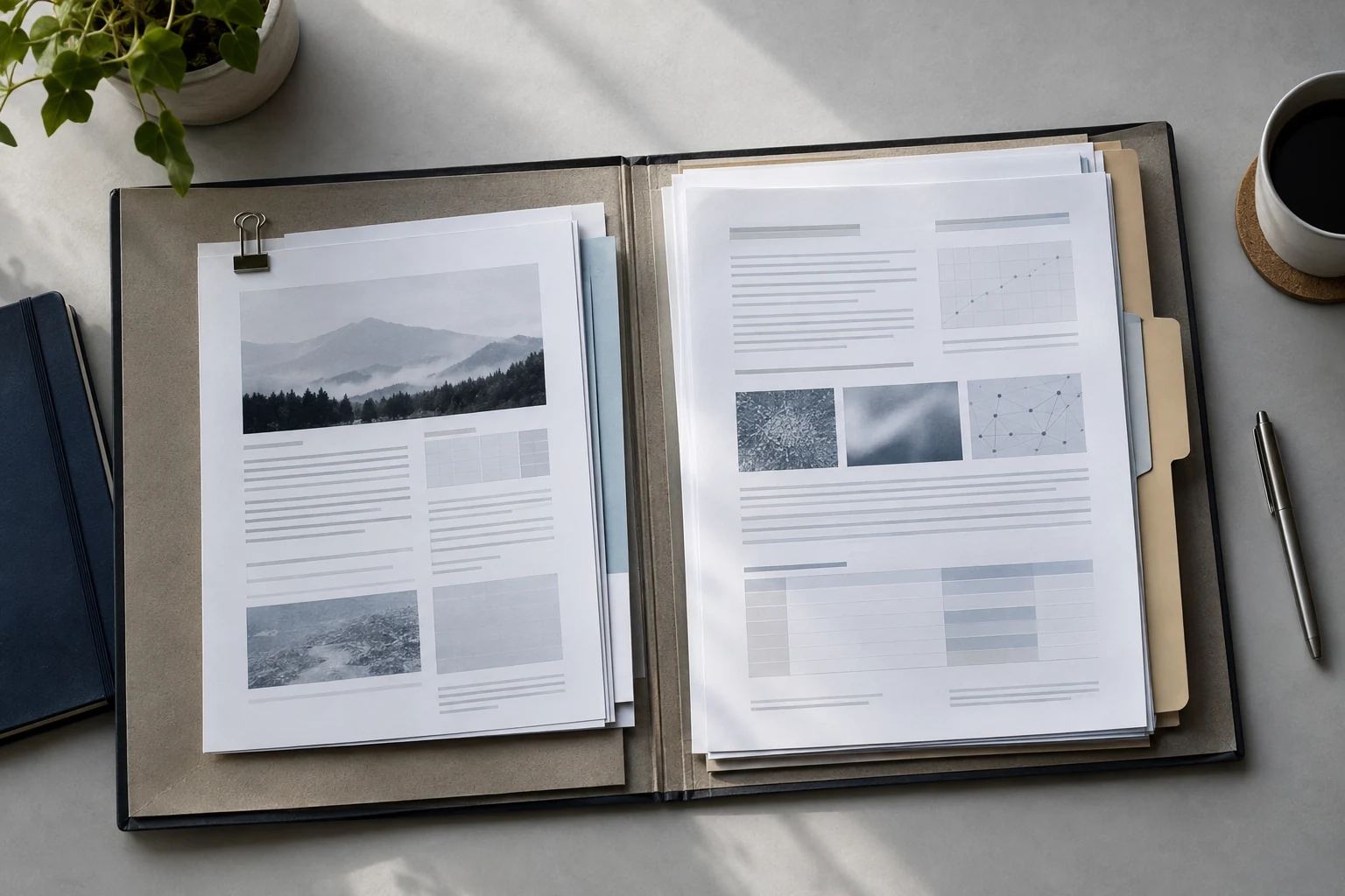 An organized model documentation packet inside a simple archival portfolio, with source data sheets and a plain revision tab.
