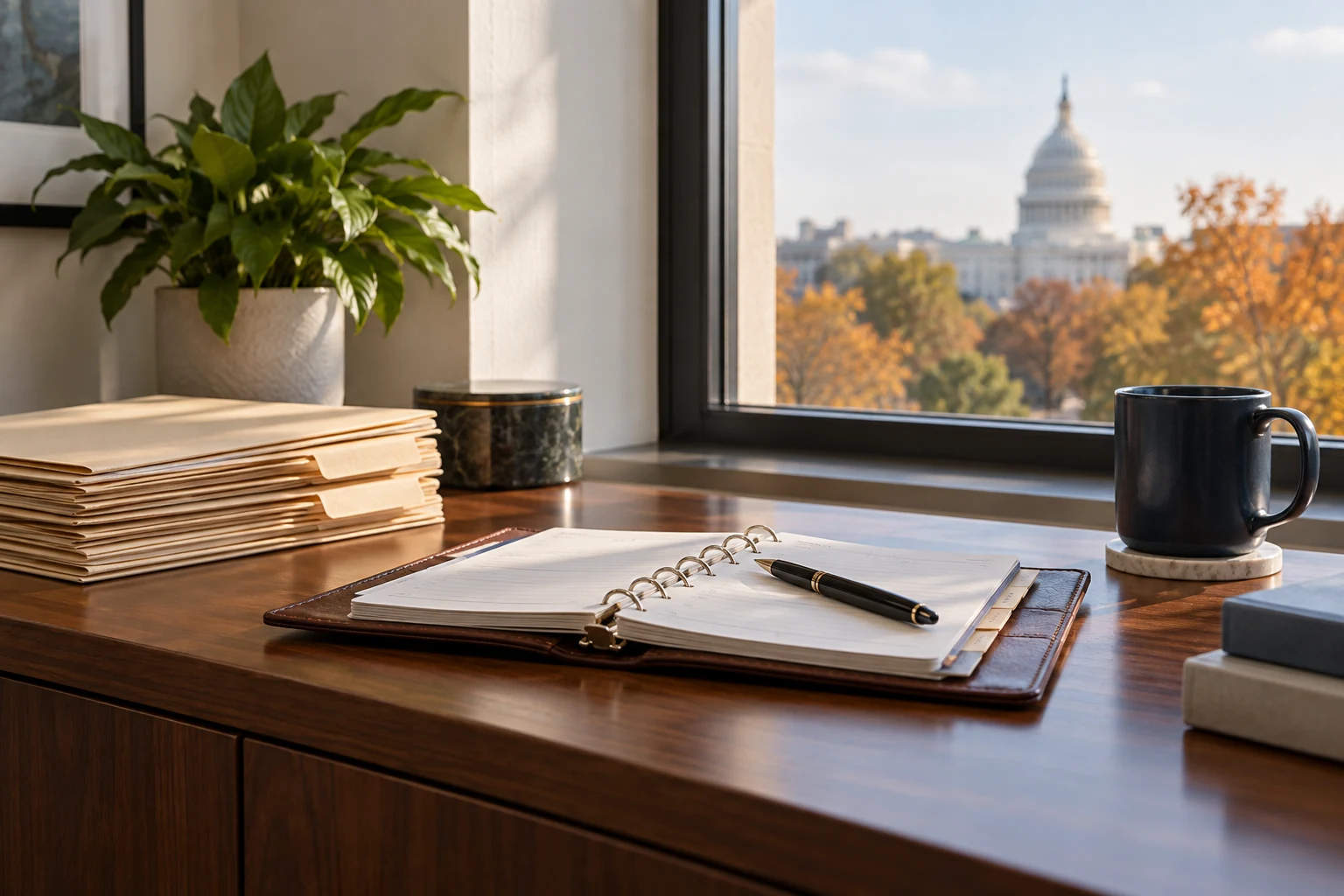 An open procurement planner on a public-office credenza with a small stack of completed blank-tabbed folders.