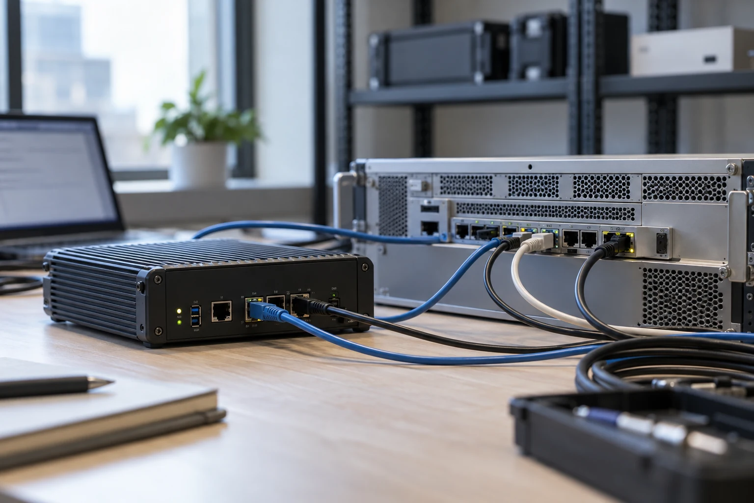A real network compliance test probe connected to a deployment appliance at a modest commissioning bench.