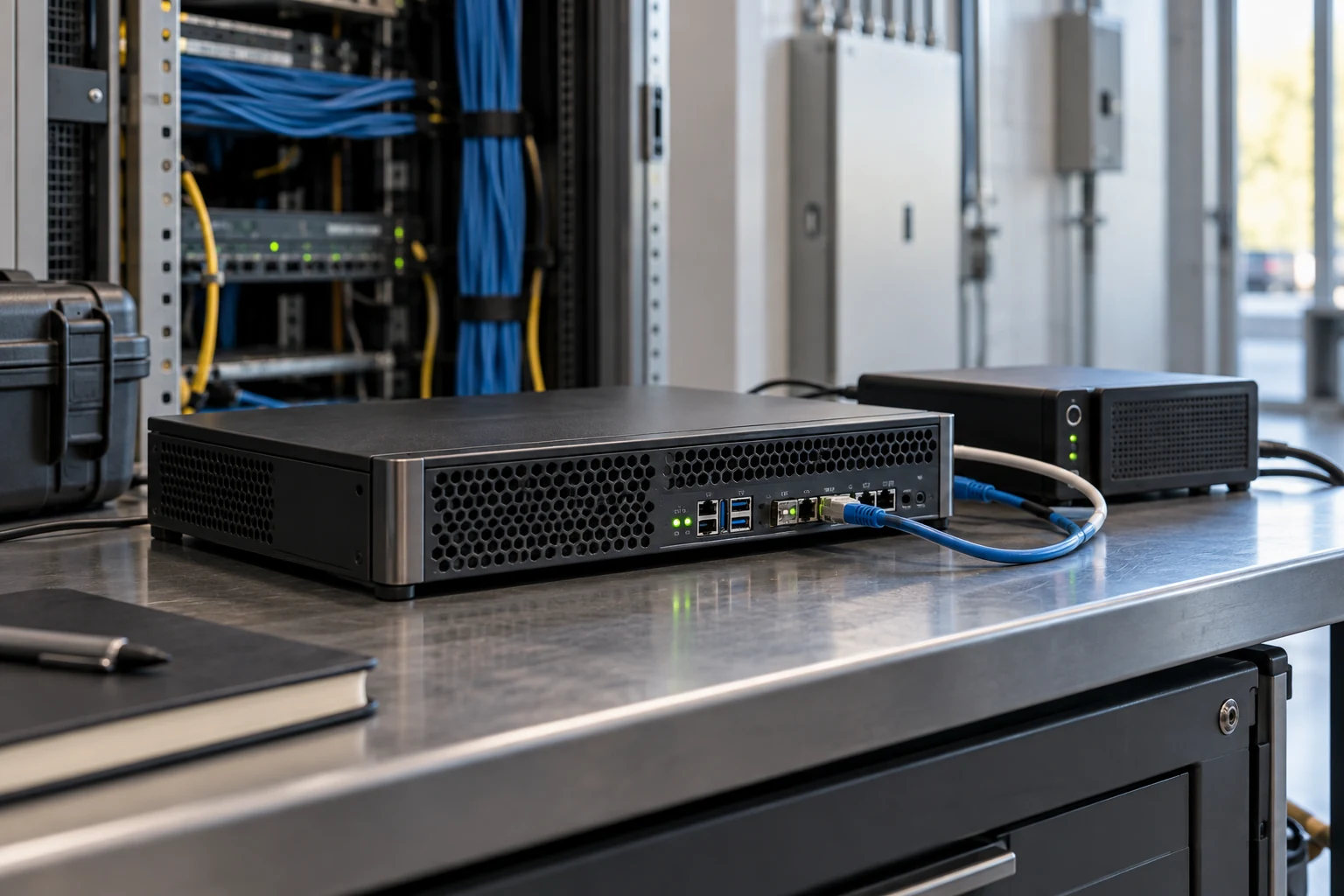 A modern compact enterprise test appliance connected to a small reference recorder during commissioning.