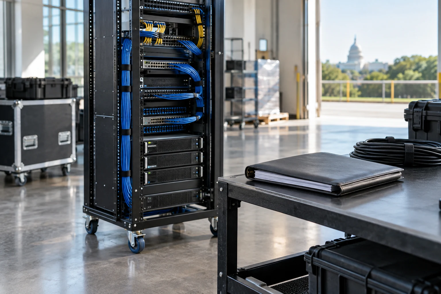 A data-platform deployment staging area with a wheeled equipment rack, neatly wrapped cables and a closed installation folio.
