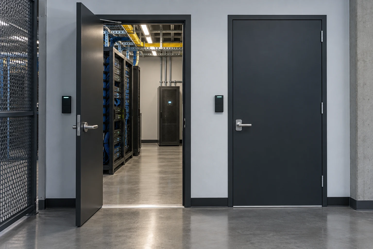 Two separate access-controlled doors inside a contemporary data facility, one opening into a compact equipment room and one closed.