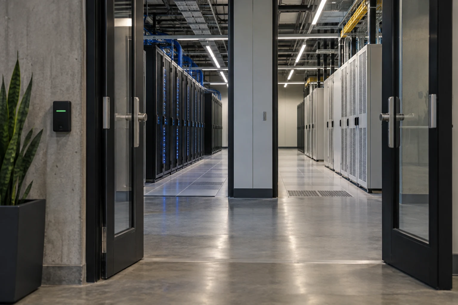 A real data-facility entrance opening onto two clearly separate equipment zones.