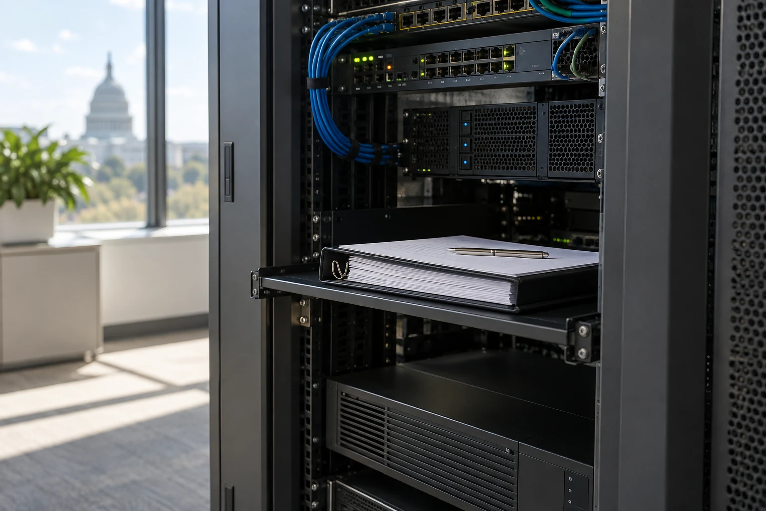 A public-office IT equipment cabinet with a clean access log folio resting on its service shelf.