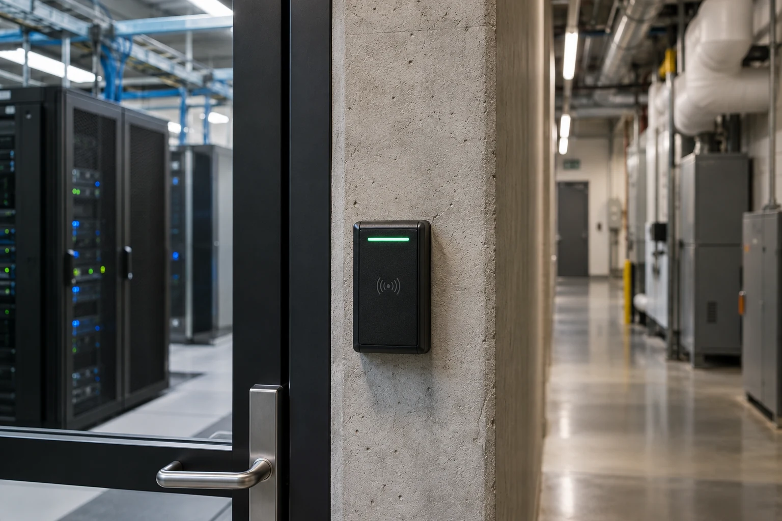 A public-office technology service corridor connecting an ordinary IT room and a shared facilities space.