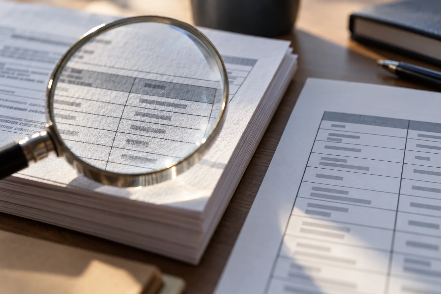 Extreme close-up of a source document table viewed through a clear magnifier, alongside its neatly aligned extracted paper record.