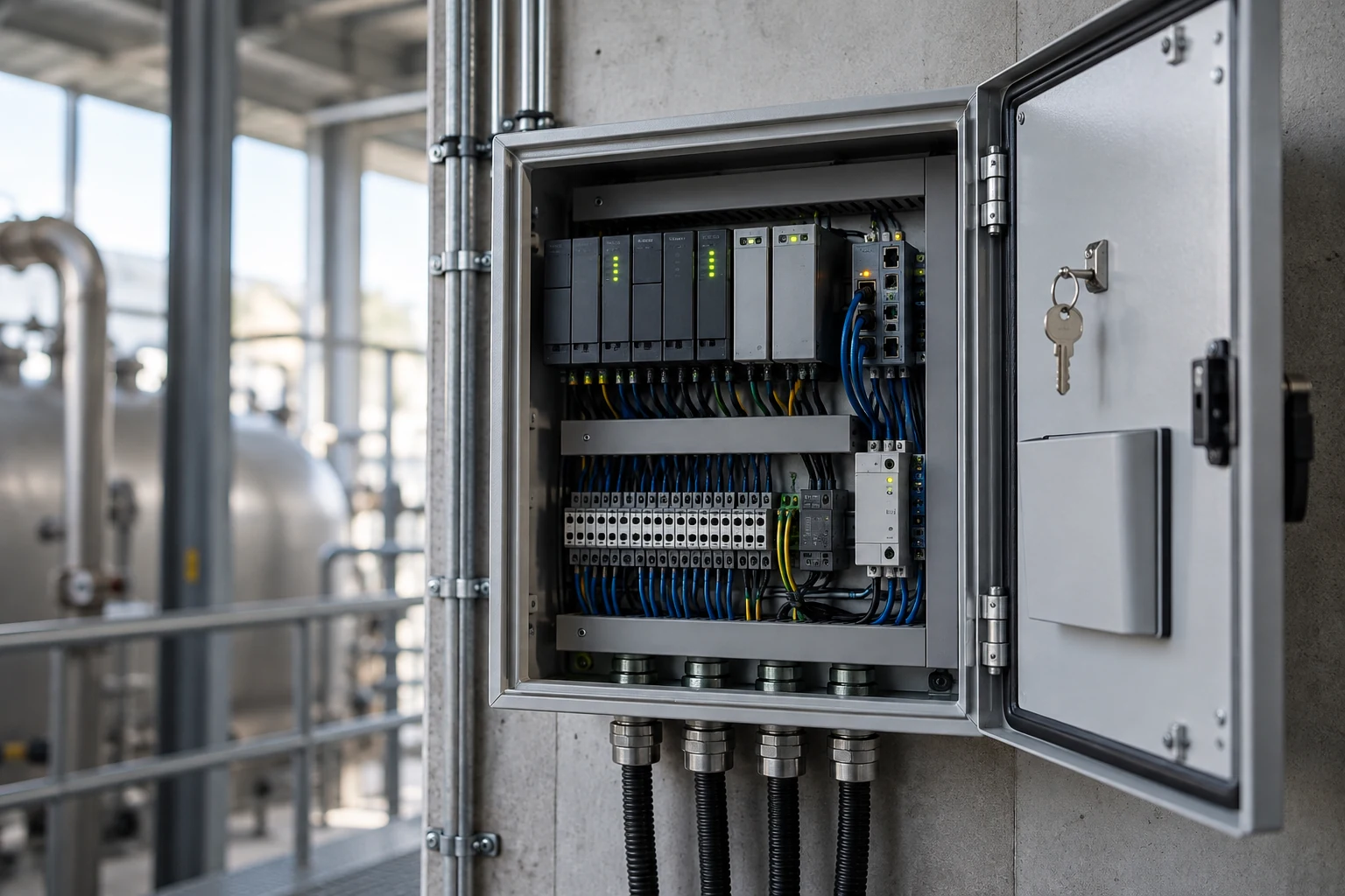 A well-maintained production equipment control enclosure with a simple physical service key stored beside it.