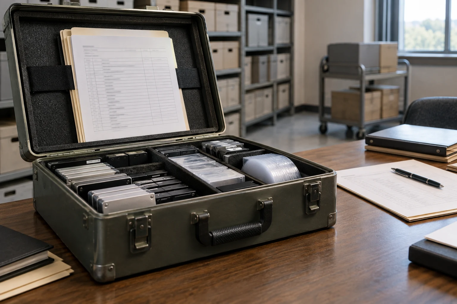 An archival transfer case opened to show organized data media and a clean document manifest with indistinct writing.