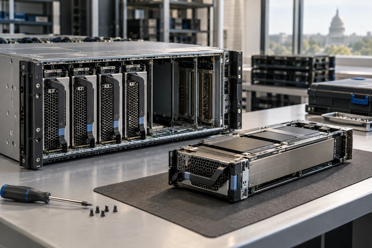 A partially populated enterprise compute chassis at a clean expansion bench, with one additional accelerator tray ready nearby.