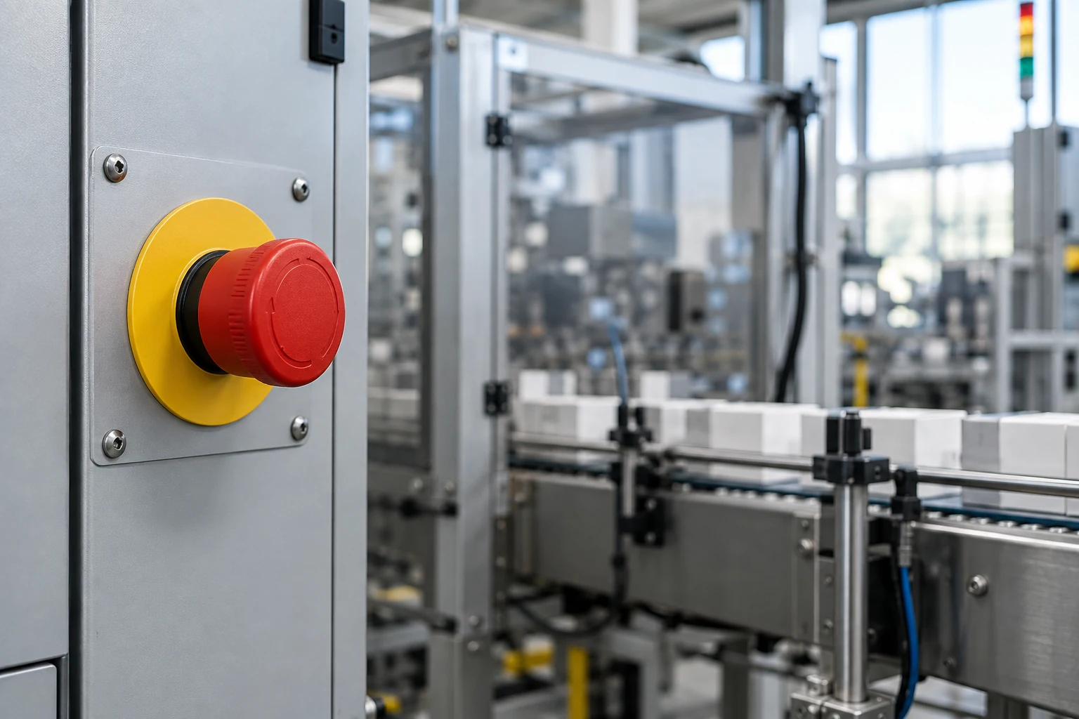A real industrial emergency-stop control mounted on a clean functional equipment panel, photographed without drama.