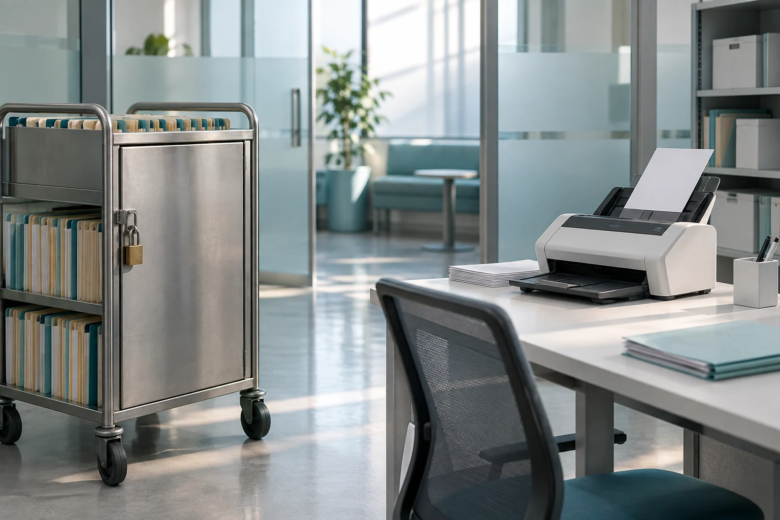 An empty clinical records processing area with a locked document cart and an unbranded desktop scanner.