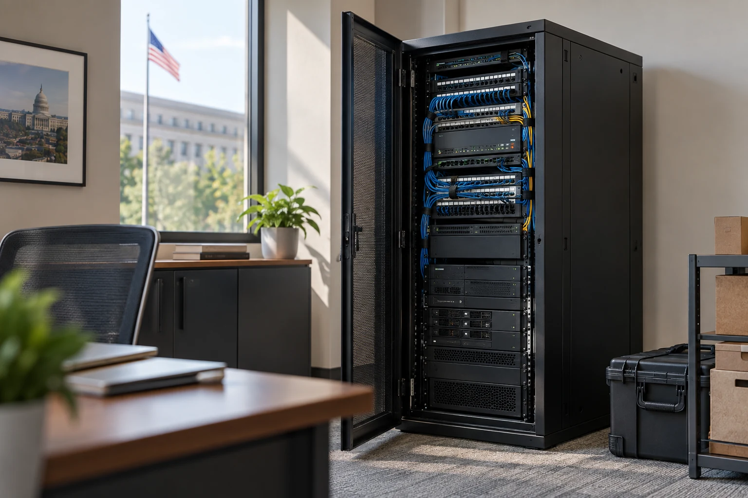 A completed installed technology cabinet in a modest public-service office, photographed as a finished practical delivery.