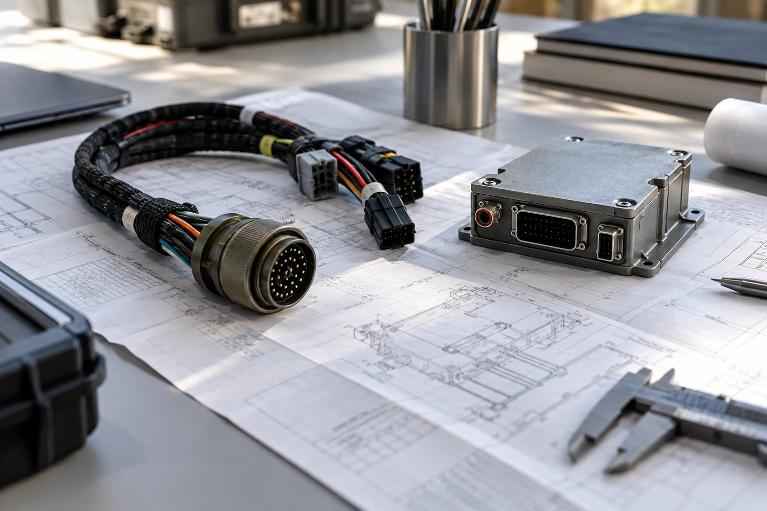 A folded systems integration drawing with one clearly separated physical connector harness and a compact interface module on a light engineering workbench.