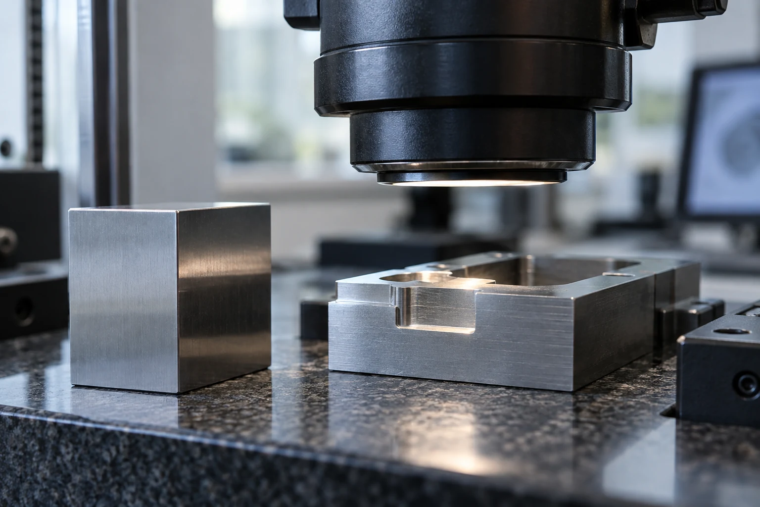 A precision reference block beside a test specimen under a real optical measurement head.