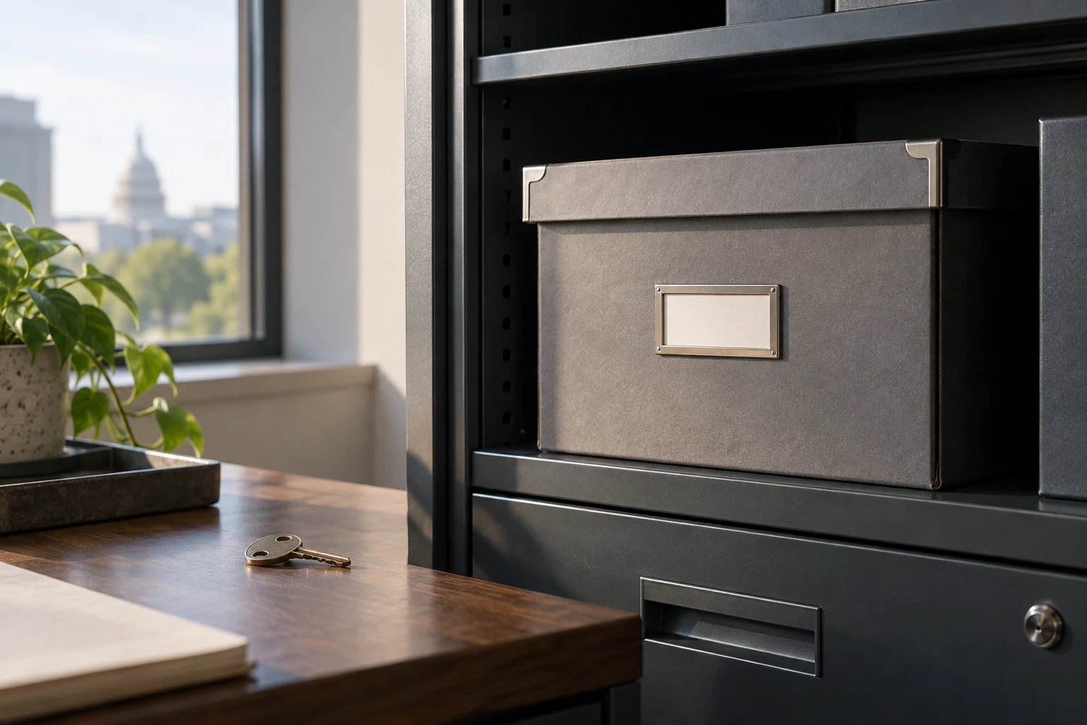 A secure source-document cabinet with one closed archive box and a simple physical access key kept separately.