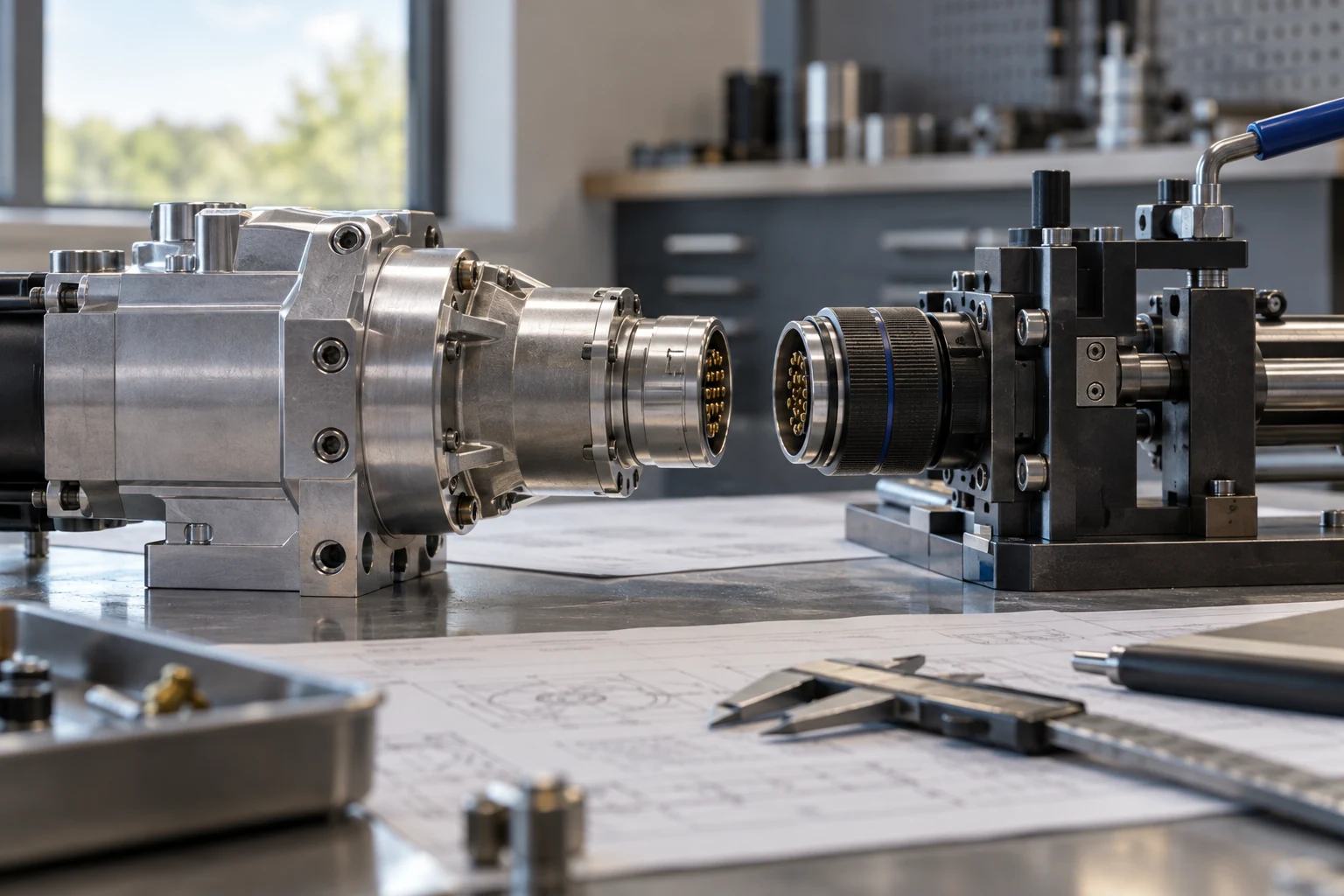 Two distinct engineering work packages, represented by a machined subassembly and its mating connector fixture, meeting precisely on a shared bench.