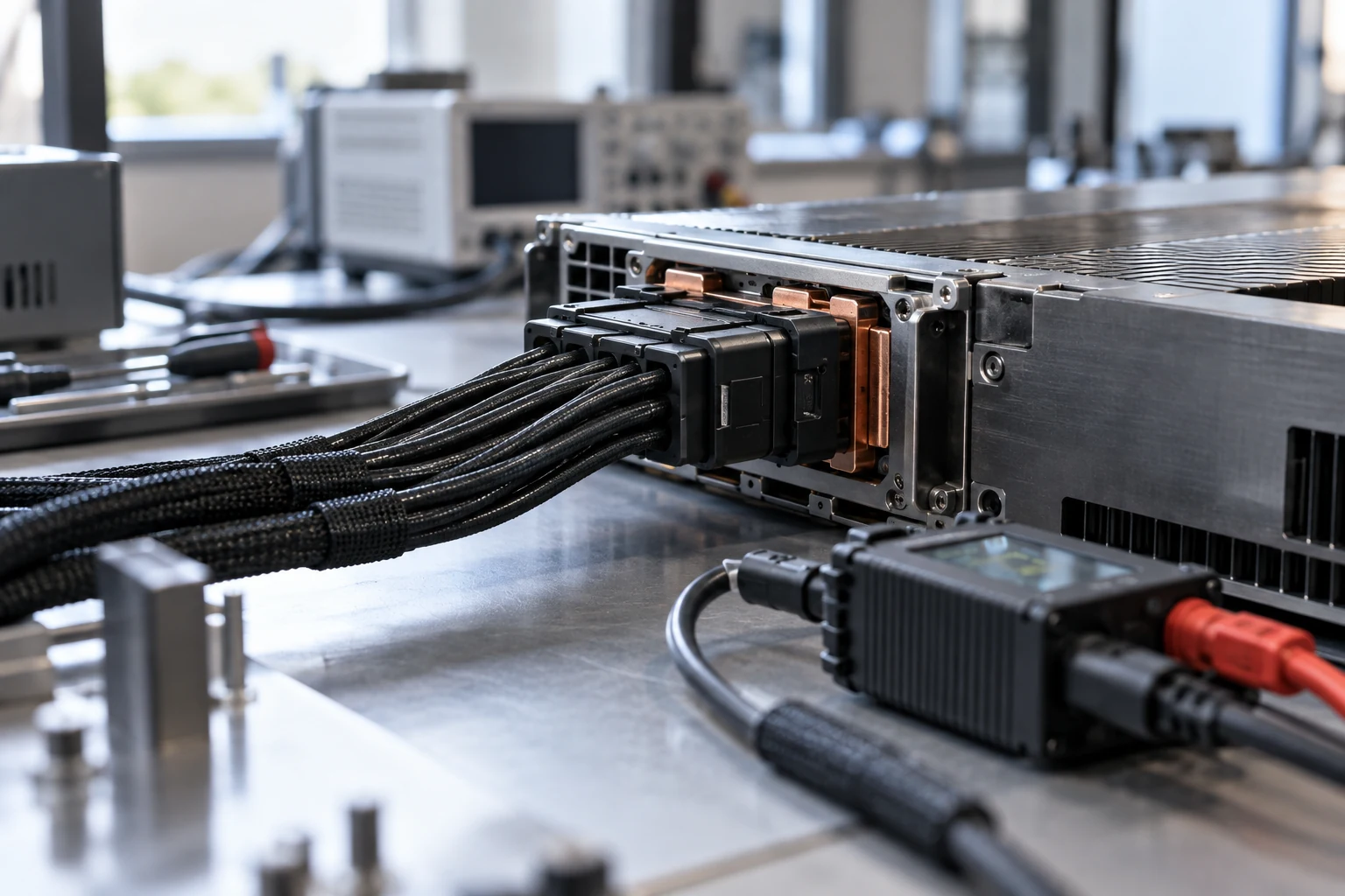 Macro of an accelerator module's power connector and a modest physical power-measurement probe at a commissioning station.
